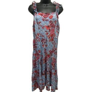 Knox Rose Blue Red Floral Paisley Smocked Ruffle Sleeveless‎ Tie Maxi Dress  XL